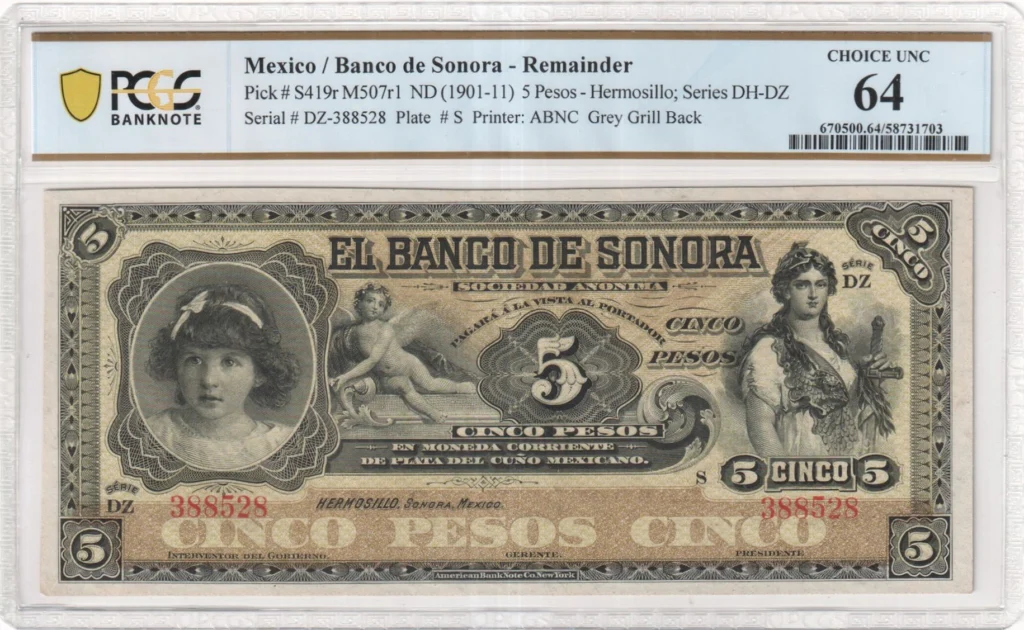 Bancos 5 Pesos (1901-11) Sonora M507r1 P S419r PCGS Ch UNC64 f_35687