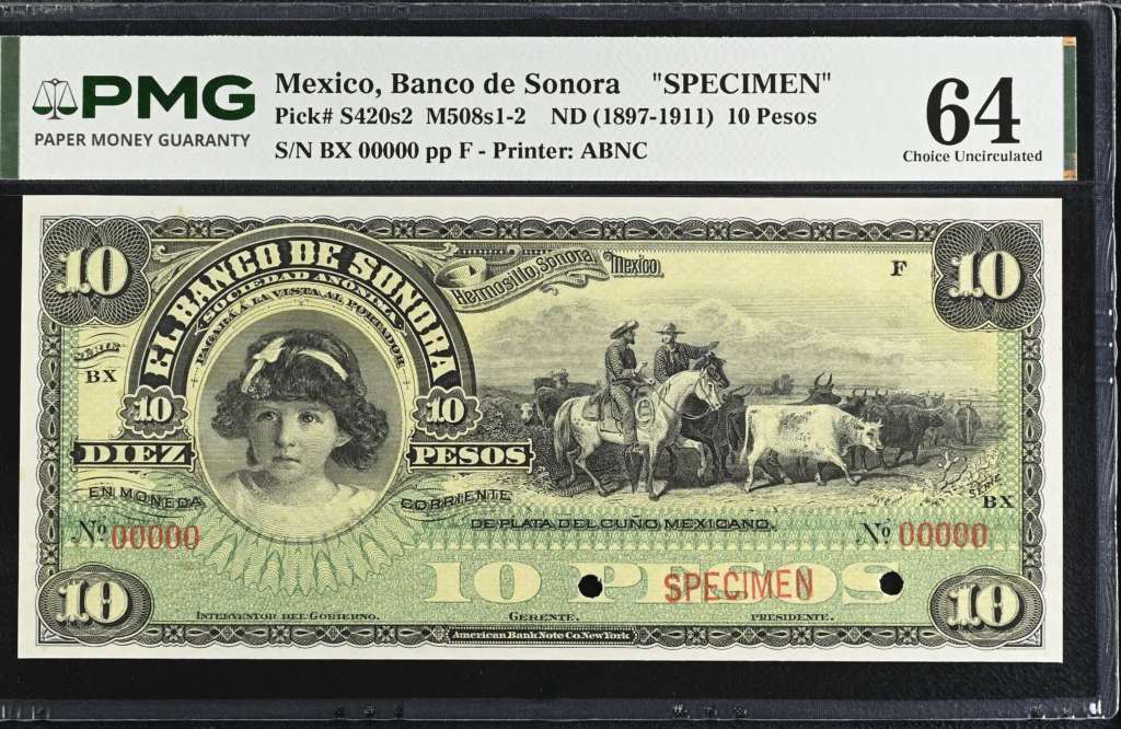 Bancos 10 Pesos (1897-1911) Sonora M508s1-2 P S420s2 PMG Ch UNC64 f_35688