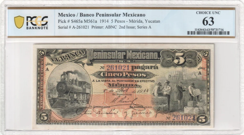 Bancos 5 Pesos 1914 Yucatan M561a P S465a PCGS Ch UNC63 f_35689