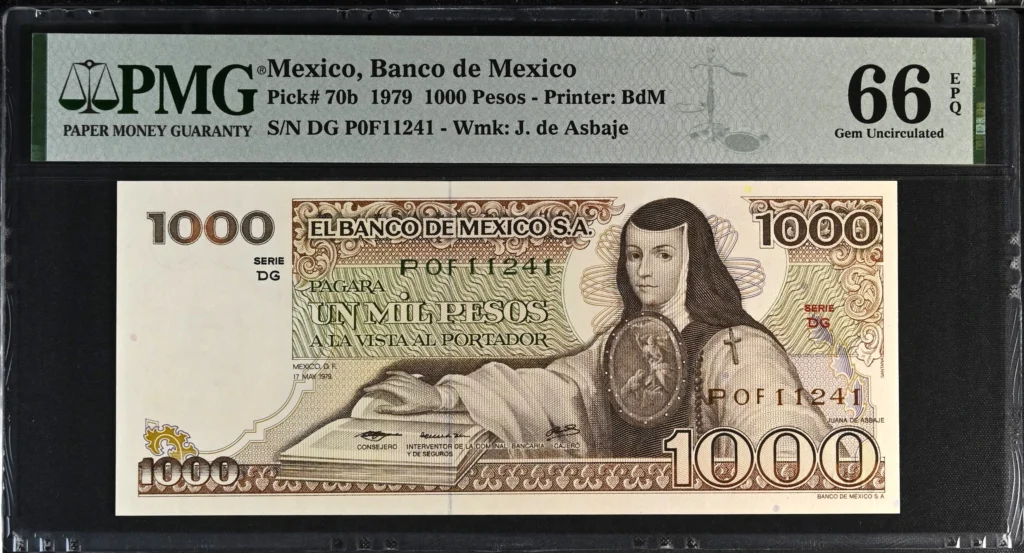 Banco De Mexico 1,000 Pesos 1979 M4657b P70b PMG Gem UNC66 PPQ f_35692