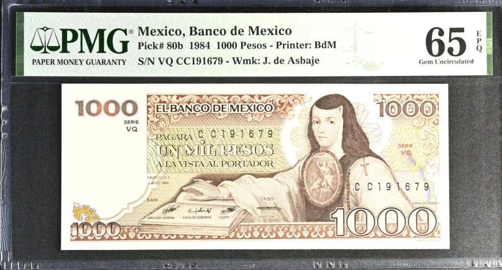Banco De Mexico 1,000 Pesos 1984 M4657d P80b PMG Gem UNC65 EPQ f_35694