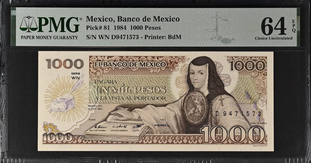 Banco De Mexico 1,000 Pesos 1984 M4658a P81 PMG Ch UNC64 EPQ f_35695