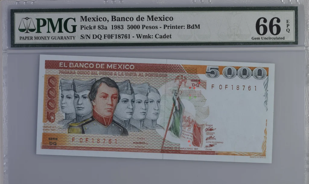 Banco De Mexico 5,000 Pesos 1983 M4660c P83a PMG Gem UNC66 EPQ f_35697