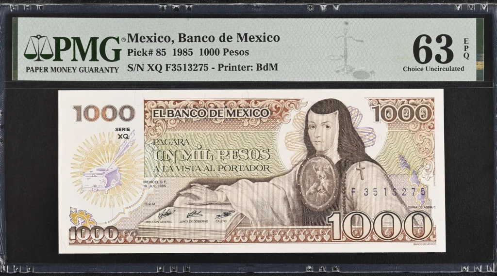 Banco De Mexico 1,000 Pesos 1985 M4658b P85 PMG Ch UNC63 EPQ f_35698