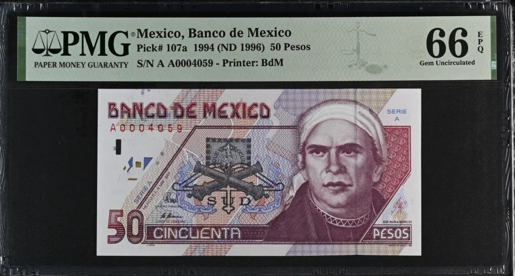 Banco De Mexico 50 Pesos 1994 M4680 P107a PMG Gem UNC66 EPQ f_35699
