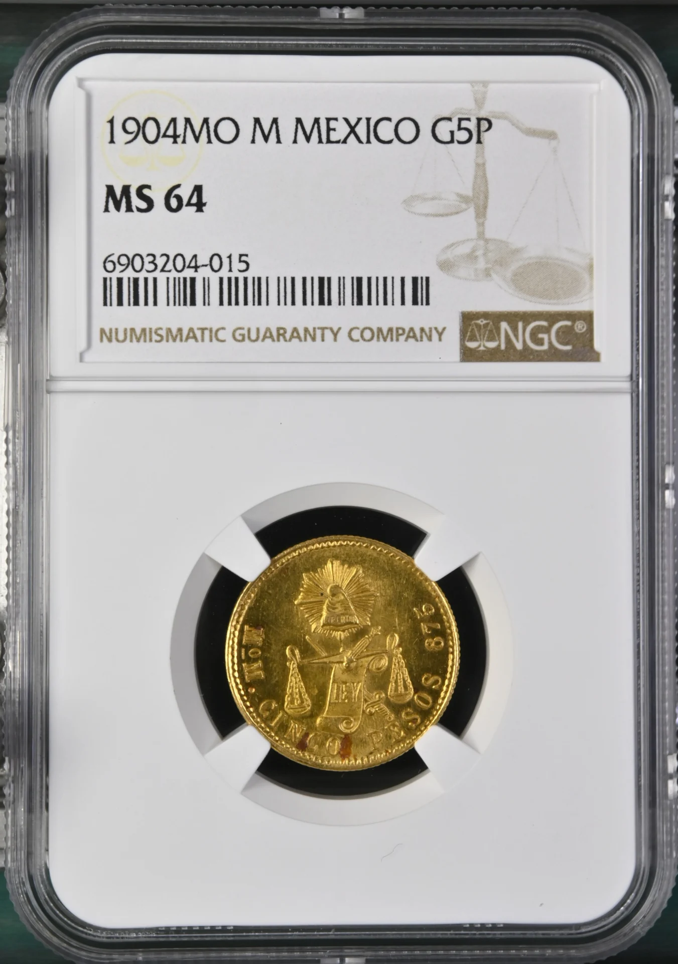 Republic Gold 5 Peso 1904 Mo M NGC MS64 0161753