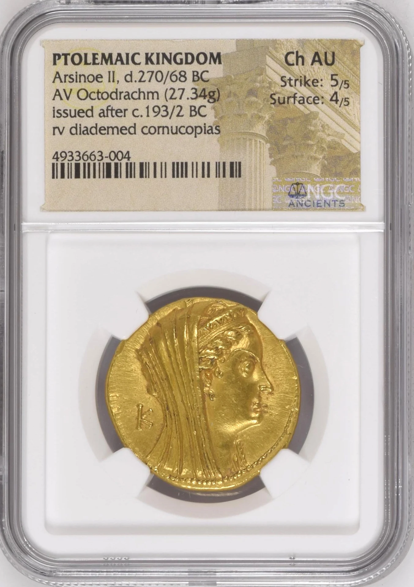 Ptolemaic Kingdom Arsinoe II AV Octodrachm NGC Ch AU 0161758