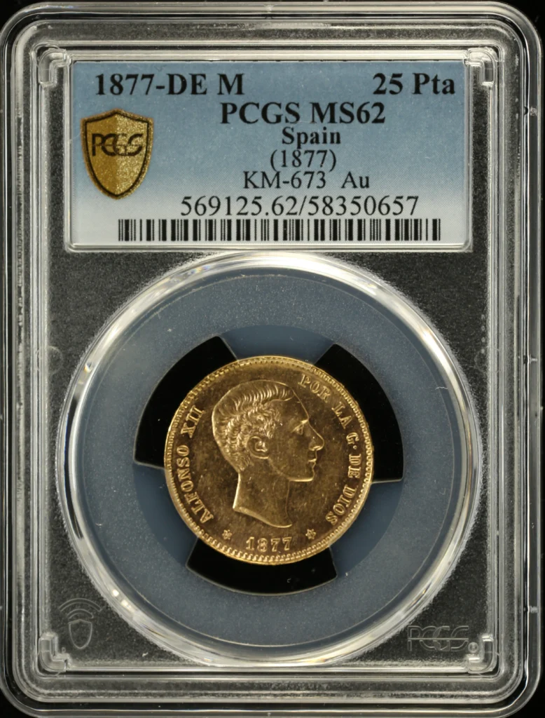 Spain 25 Peseta 1877 DE M KM-673 PCGS MS62 0161814