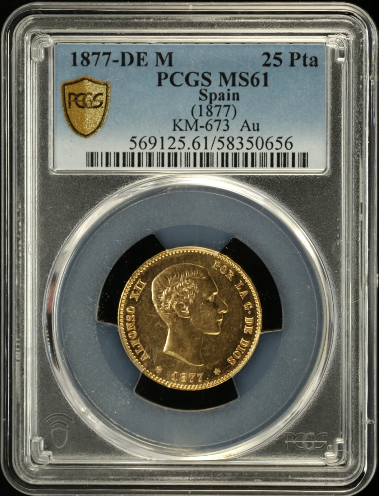 Spain 25 Peseta 1877 DE M KM-673 PCGS MS61 0161815