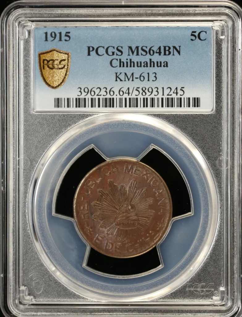 Chihuahua Mexican Coins Revolution Chihuahua 5 Centavo 1915 Chihuahua PCGS MS64BN KM-613 0162147 Chihuahua 5 Centavo 1915 Chihuahua PCGS MS64BN KM-613 0162147