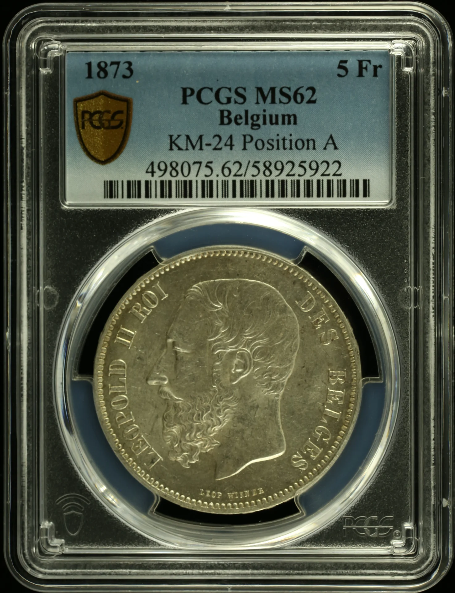 Belgium Europe World Coins Belgium 5 Francs 1873 KM-24 PCGS MS62 0162141 Belgium 5 Francs 1873 KM-24 PCGS MS62 0162141