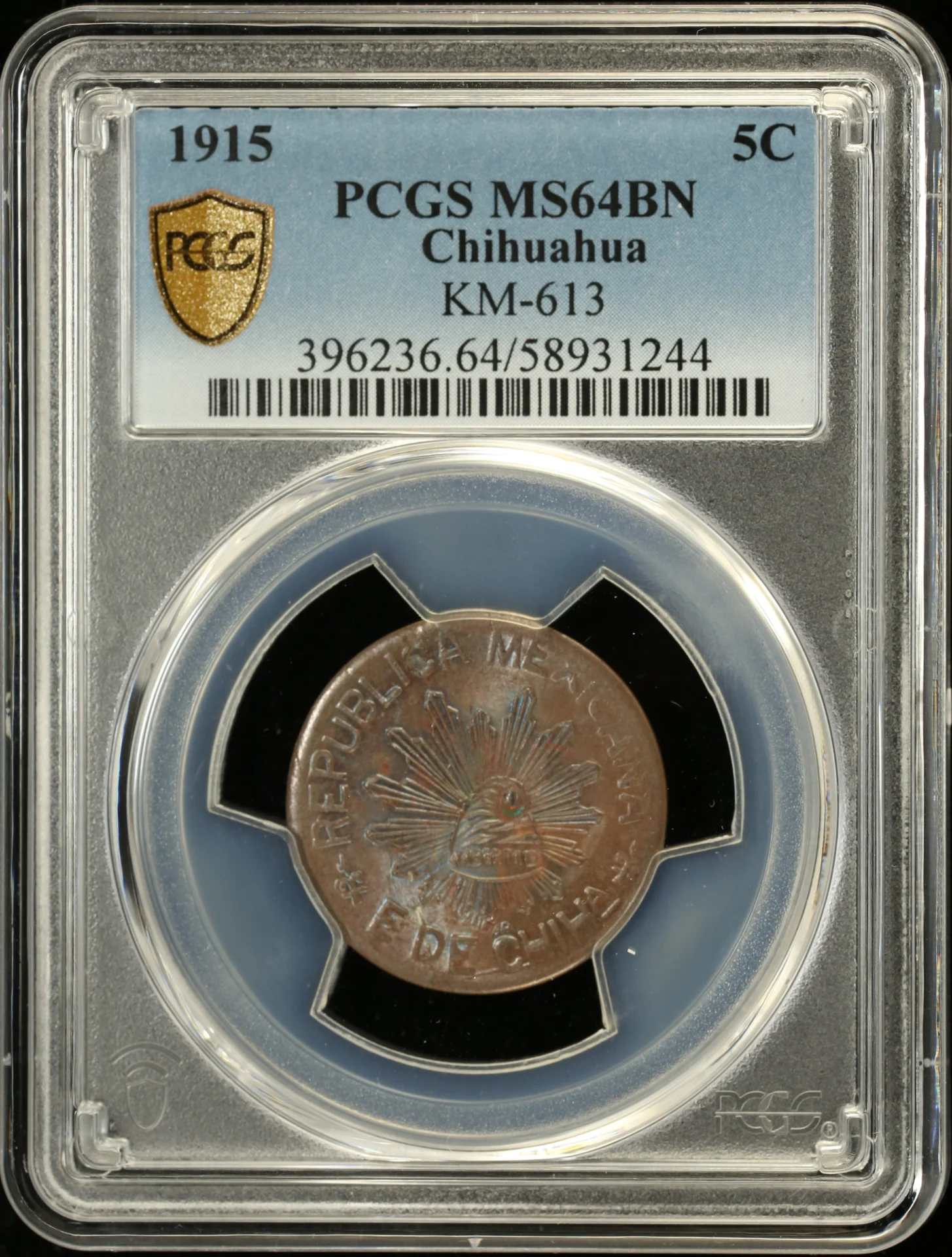 Chihuahua Mexican Coins Revolution Chihuahua 5 Centavo 1915 Chihuahua PCGS MS64BN KM-613 0162148 Chihuahua 5 Centavo 1915 Chihuahua PCGS MS64BN KM-613 0162148Chihuahua 5 Centavo 1915 Chihuahua PCGS MS64BN KM-613 0162148