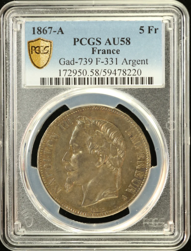 France 5 Franc 1867 A PCGS AU58 Gad-739 0162336