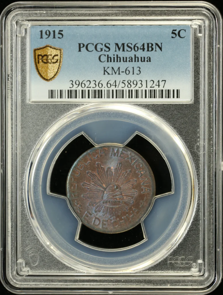 Chihuahua Mexican Coins Revolution Chihuahua 5 Centavo 1915 Chihuahua PCGS MS64BN KM-613 0162149 Chihuahua 5 Centavo 1915 Chihuahua PCGS MS64BN KM-613 0162149