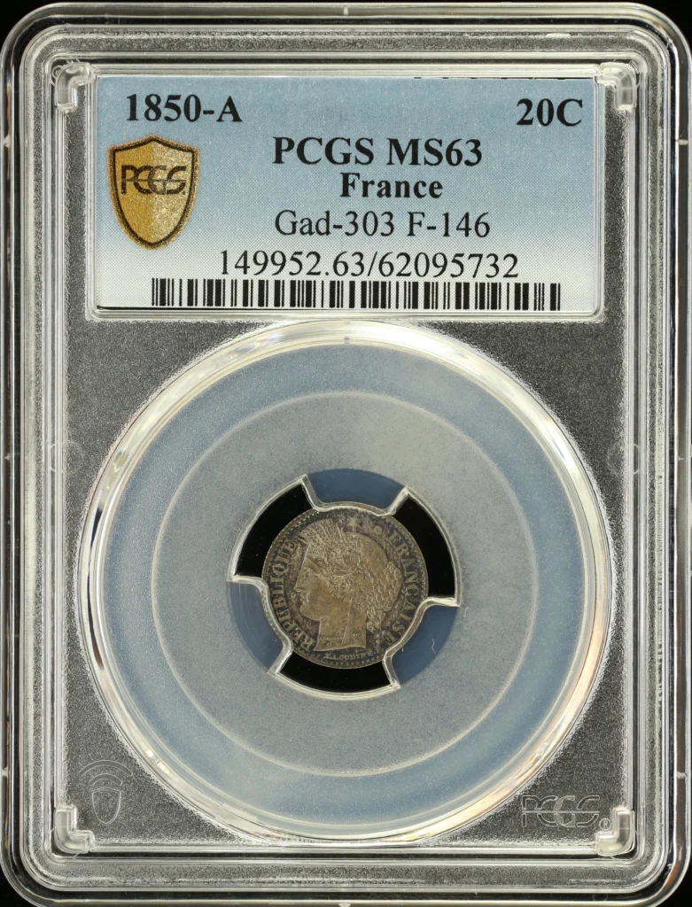 France 20 Centime 1850 A PCGS MS63 Gad-303 0162312