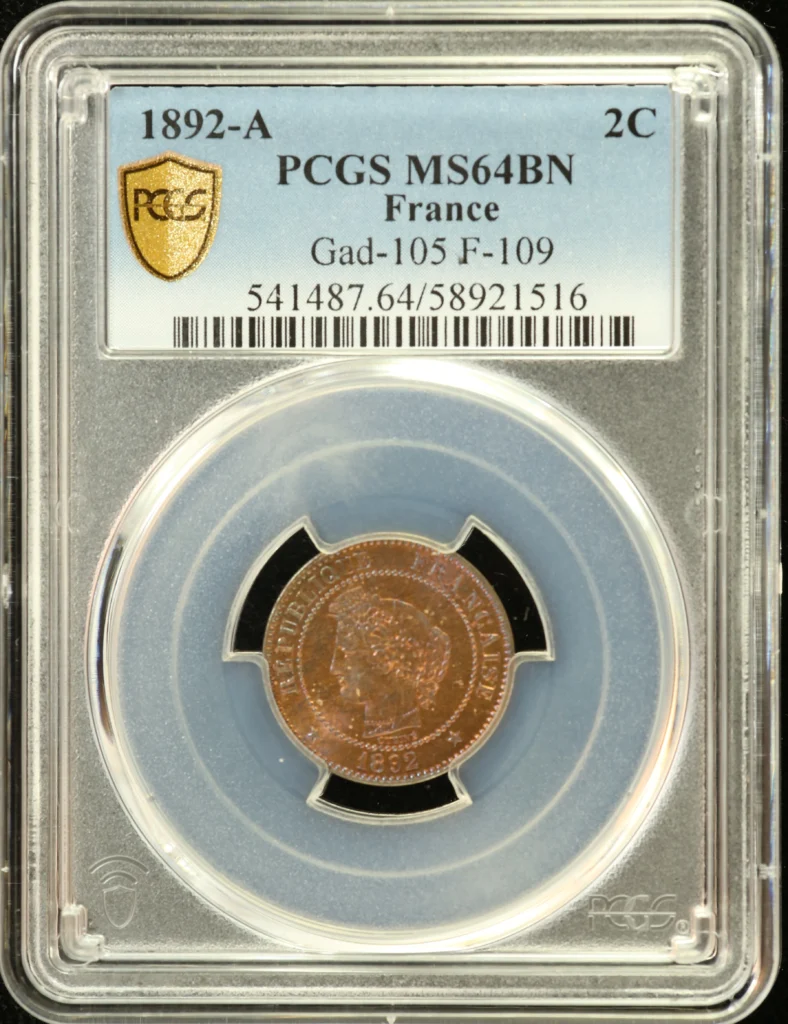 France 2 Centime 1892 A PCGS MS64BN Gad-105 0162277