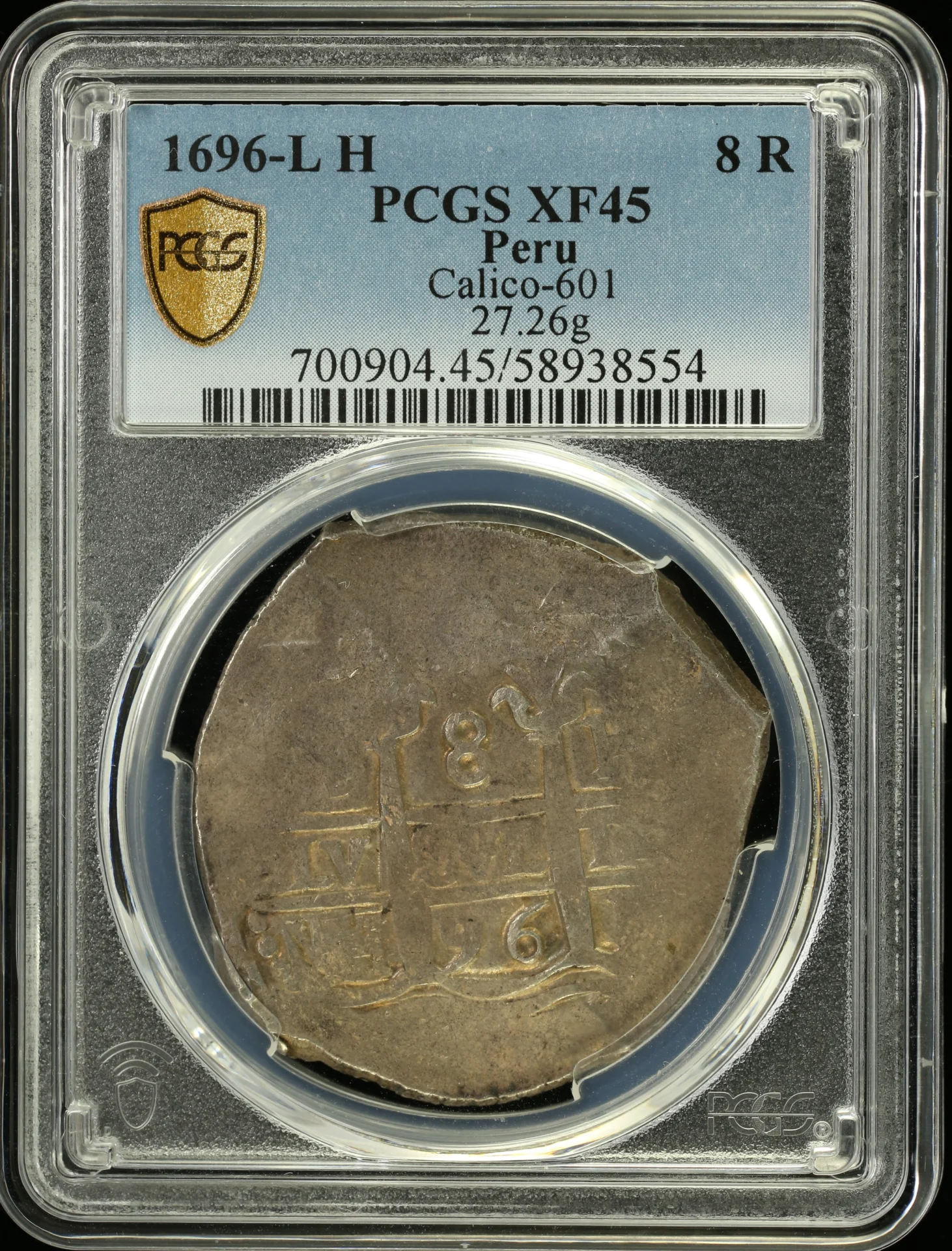 Peru 8 Reales 1696 L H PCGS XF45 Calico-601 0161987