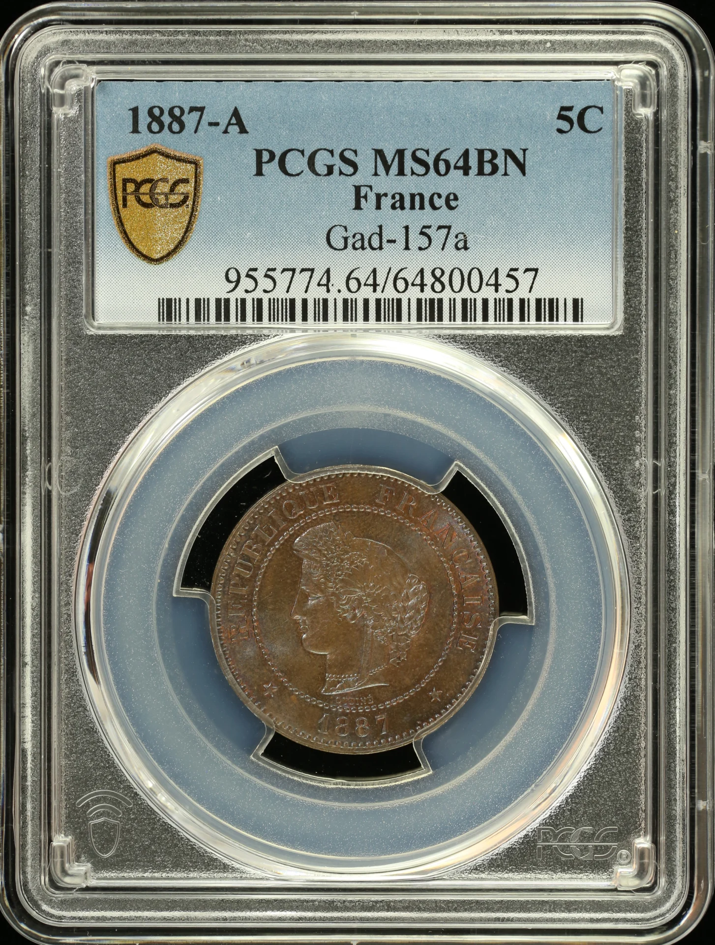 Europe France World Coins France 5 Centime 1887 A PCGS MS64BN Gad-157a 0162296 France 5 Centime 1887 A PCGS MS64BN Gad-157a 0162296France 5 Centime 1887 A PCGS MS64BN Gad-157a 0162296