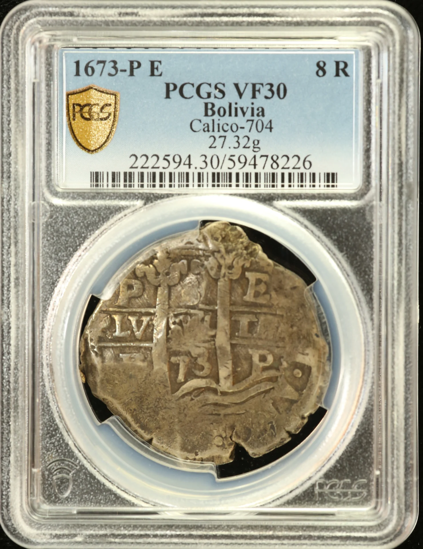 Bolivia 8 Reales 1673 P E PCGS VF30 Calico-704 0161982