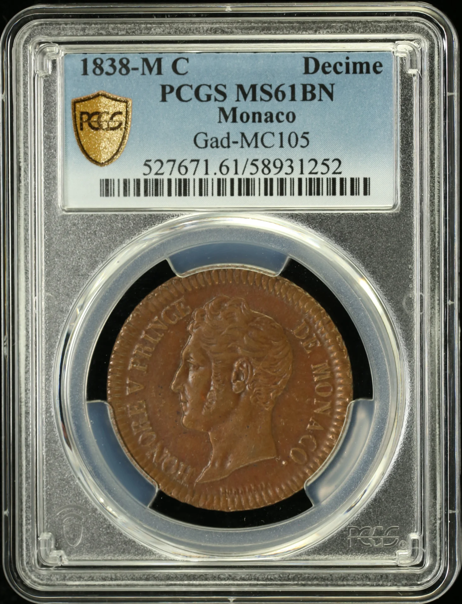 Europe Monaco World Coins Monaco Decime 1838 M C PCGS MS61BN 0162338 Monaco Decime 1838 M C PCGS MS61BN 0162338Monaco Decime 1838 M C PCGS MS61BN 0162338
