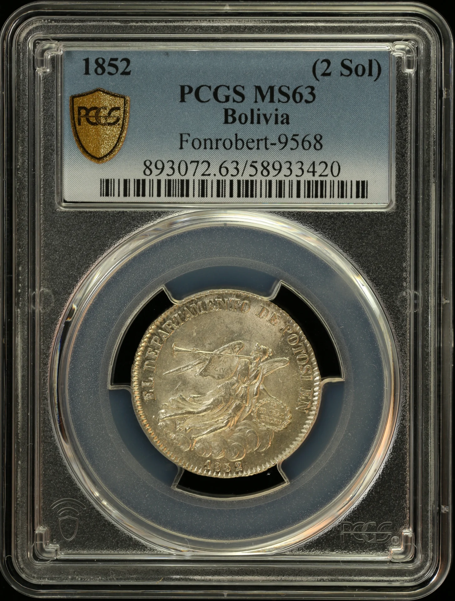 Bolivia Latin American Coins Bolivia (2 Sol) 1852 PCGS MS63 Fonrobert-9568 0162176 Bolivia (2 Sol) 1852 PCGS MS63 Fonrobert-9568 0162176