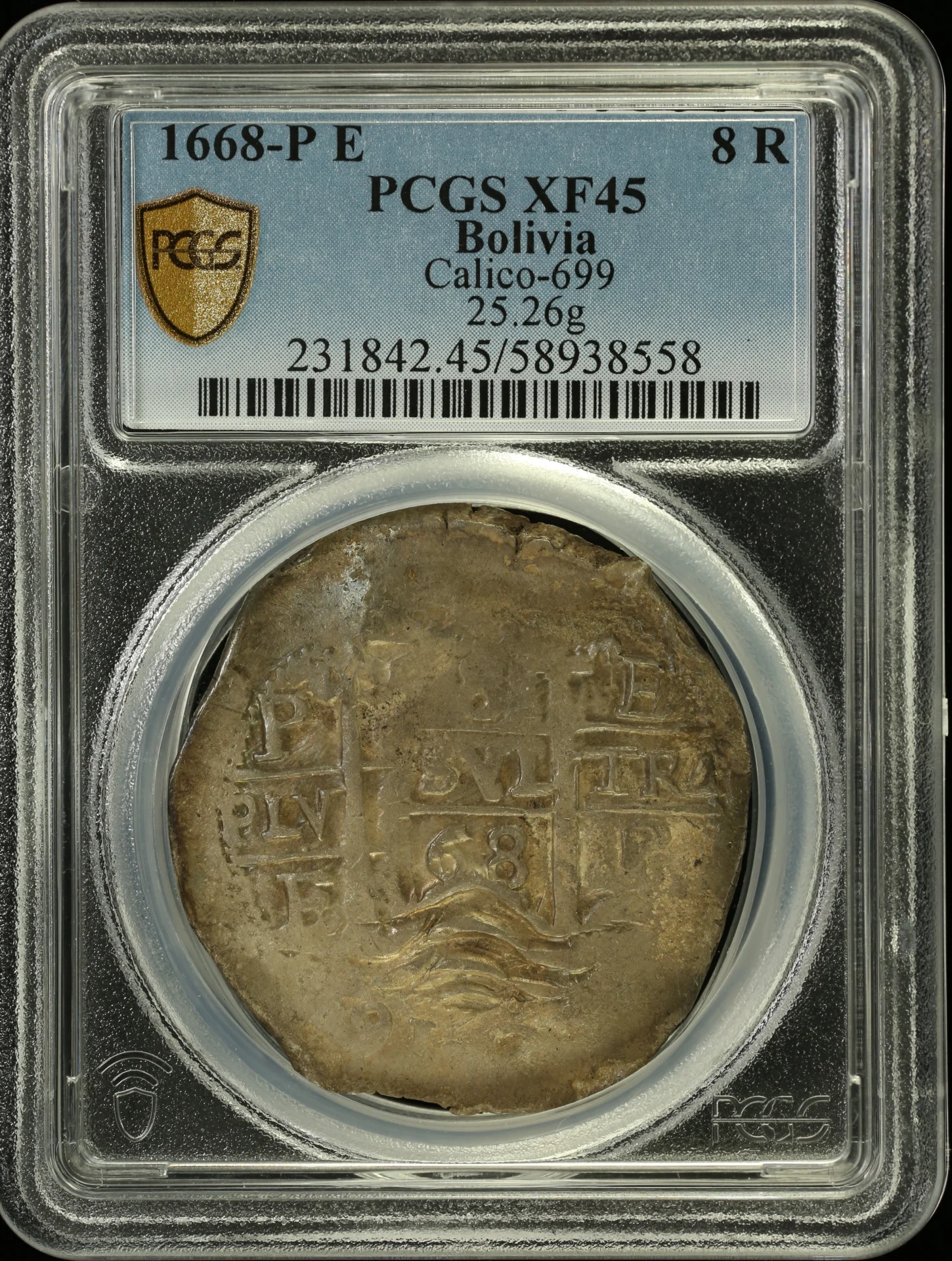 Bolivia 8 Reales 1668 P E PCGS XF45 Calico-699 0161994