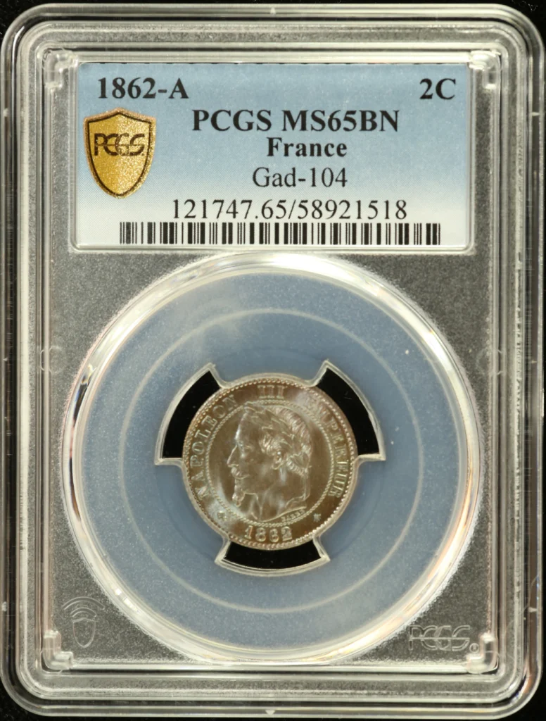 France 2 Centime 1862 A PCGS MS65BN Gad-104 0162280
