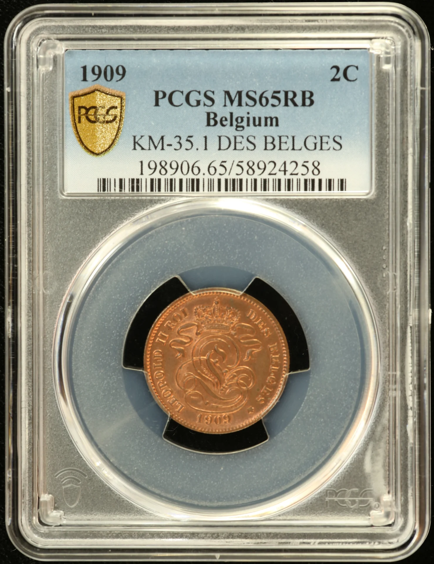 Belgium 2 Centimes 1909 PCGS MS65RB KM-35.1 0162136
