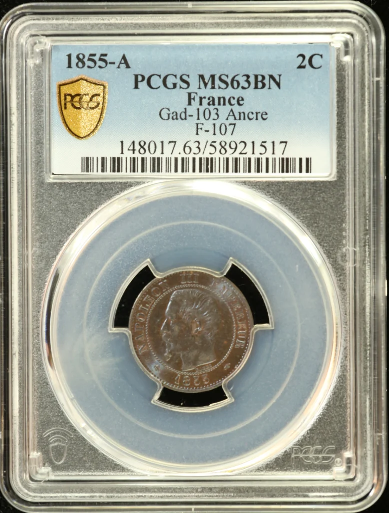 France 2 Centime 1855 A PCGS MS63BN F-107 0162281