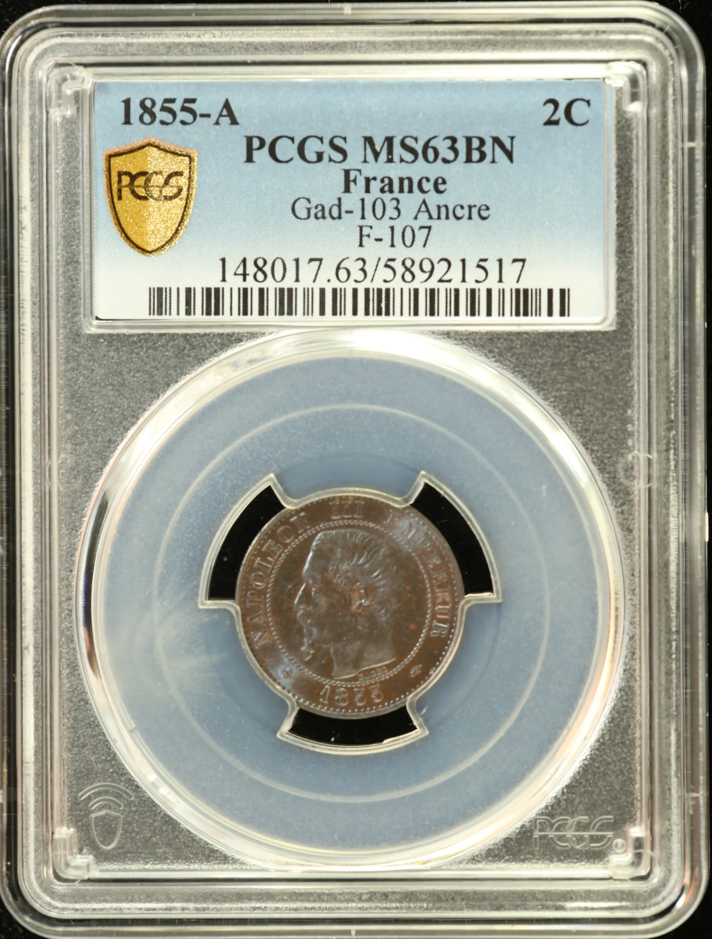 France 2 Centime 1855 A PCGS MS63BN F-107 0162281