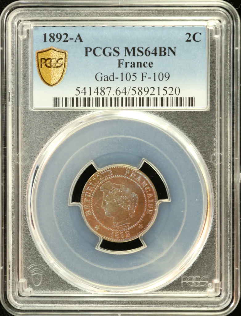 France 2 Centime 1892 A PCGS MS64BN Gad-105 0162282