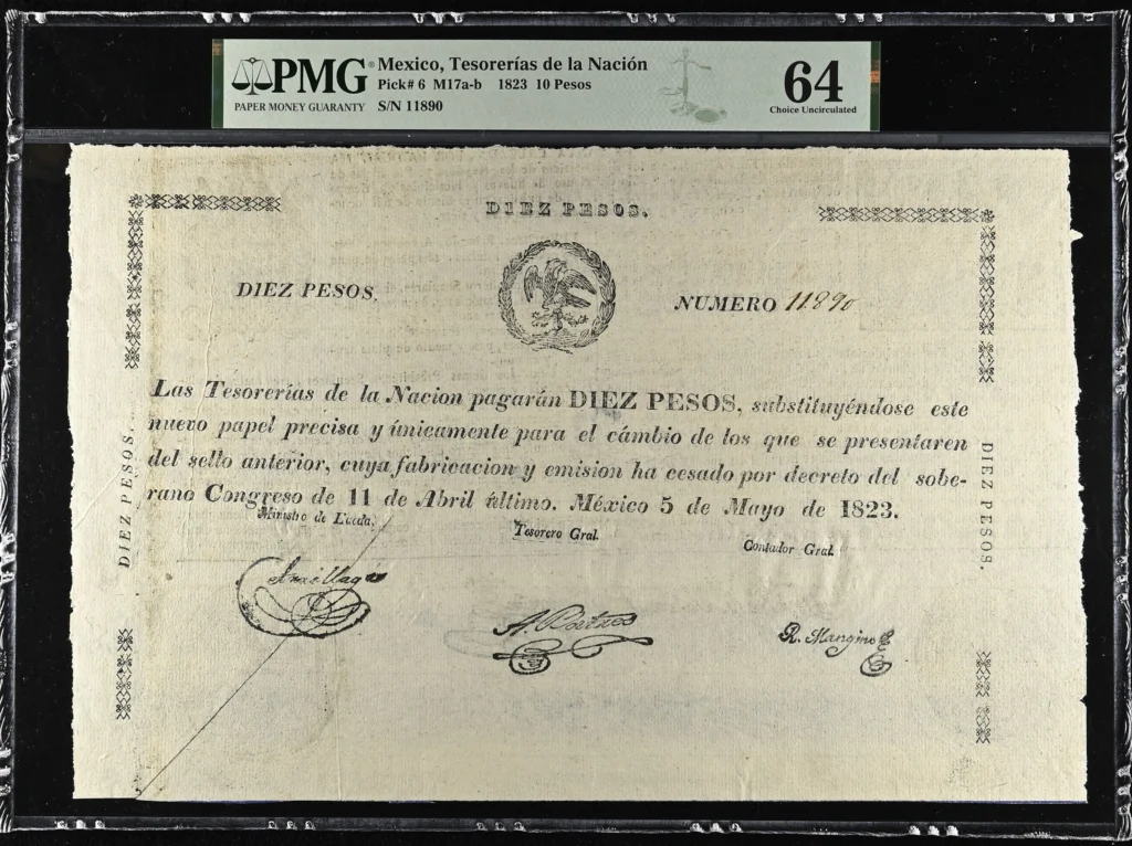 Imperial & Early Republic Mexican Currency Imperial & Early Republic 10 Pesos 1823 M17a-b P6 PMG Ch UNC64 f_35777 Imperial & Early Republic 10 Pesos 1823 M17a-b P6 PMG Ch UNC64 f_35777
