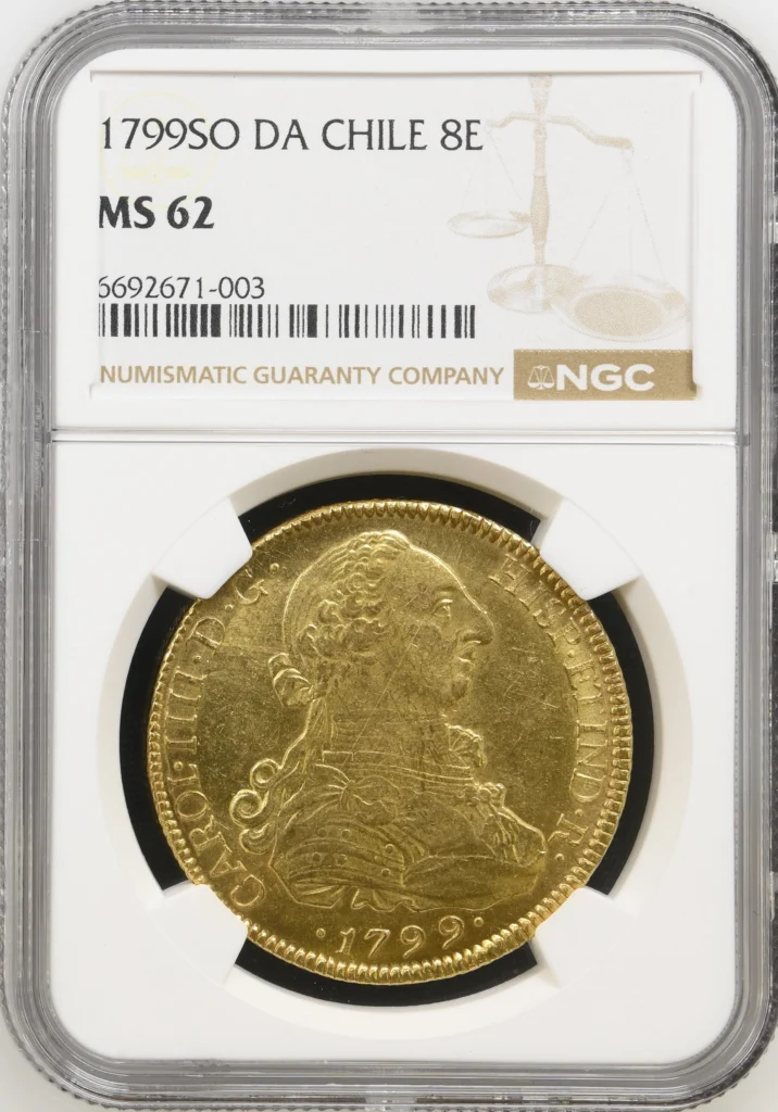 Chile 8 Escudos 1799 So DA NGC MS62 0162482