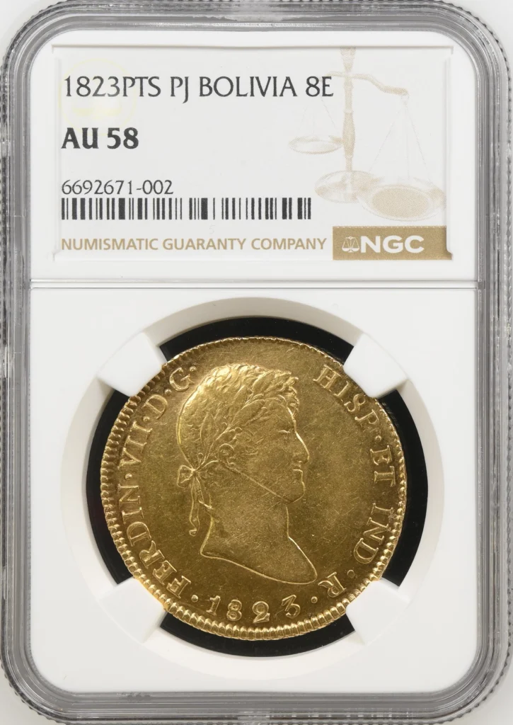 Bolivia 8 Escudos 1823 Pts PJ NGC AU58 0162488