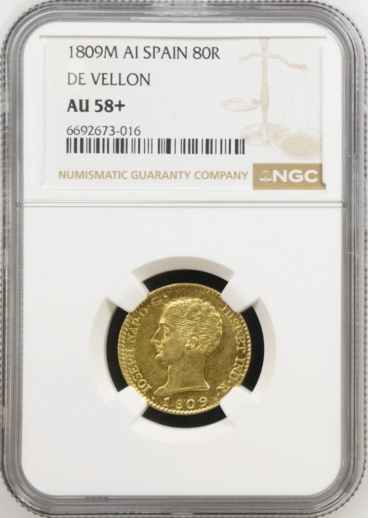 Spain 80 Reales 1809 M NGC AU58+ 0162512