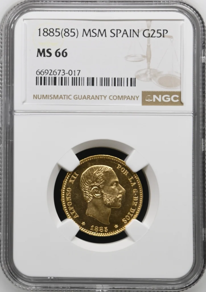 Spain 25 Pesetas 1885(85) MSM NGC MS66 0162513