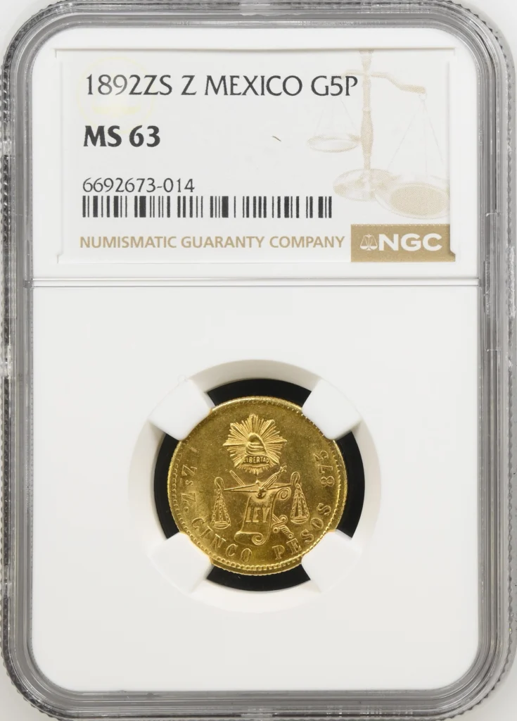Republic Gold 5 Peso 1892 Zs Z NGC MS63 0162526