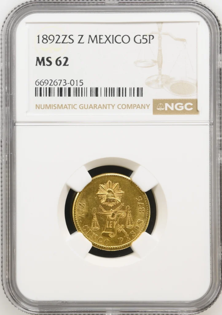 Republic Gold 5 Peso 1892 Zs Z NGC MS62 0162527