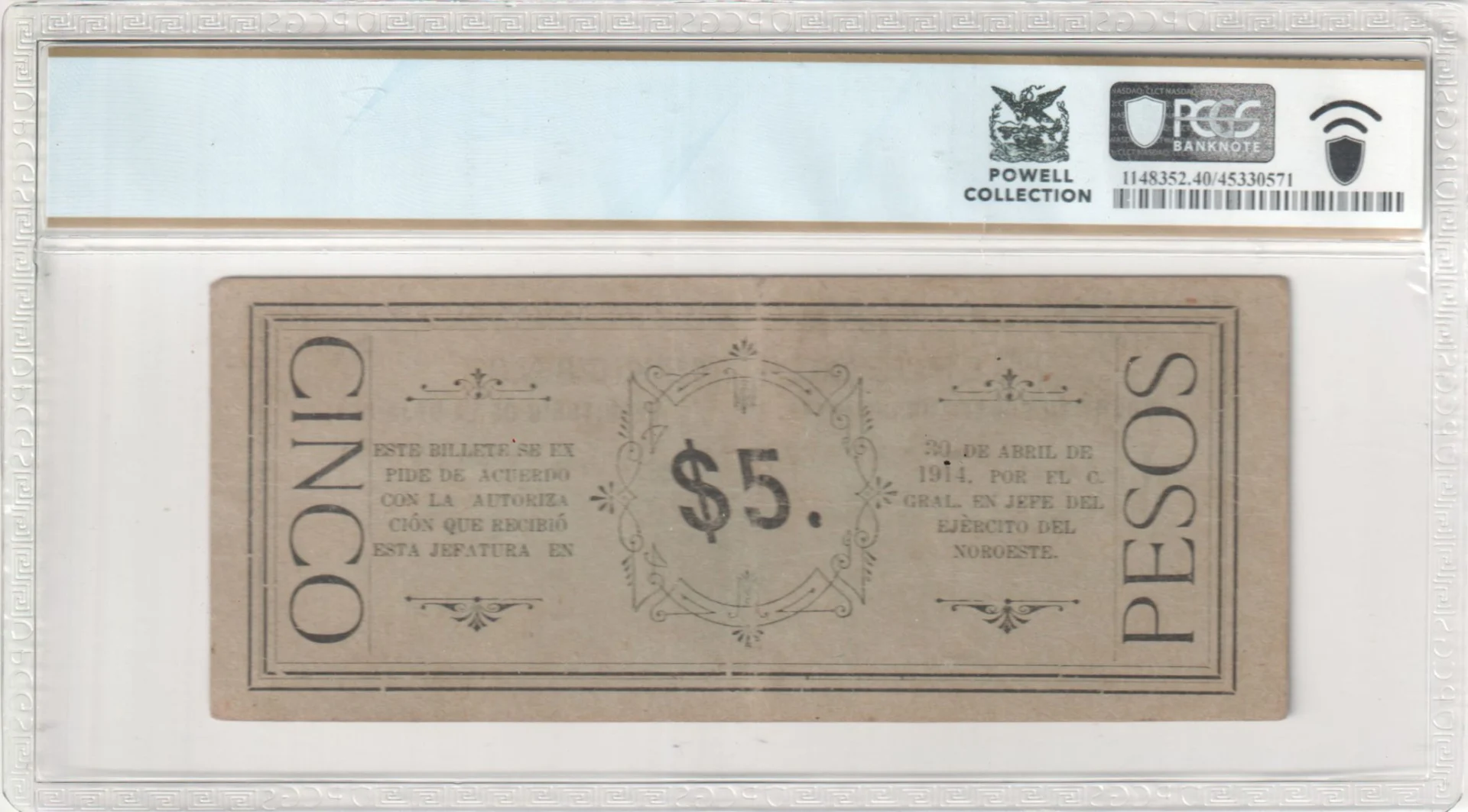 Mexican Currency Revolutionary Currency Revolutionary Currency 5 Pesos 1914 Baja California M816a P S509 PCGS XF40 f_35703 Revolutionary Currency 5 Pesos 1914 Baja California M816a P S509 PCGS XF40 f_35703Revolutionary Currency 5 Pesos 1914 Baja California M816a P S509 PCGS XF40 f_35703 - Image 2