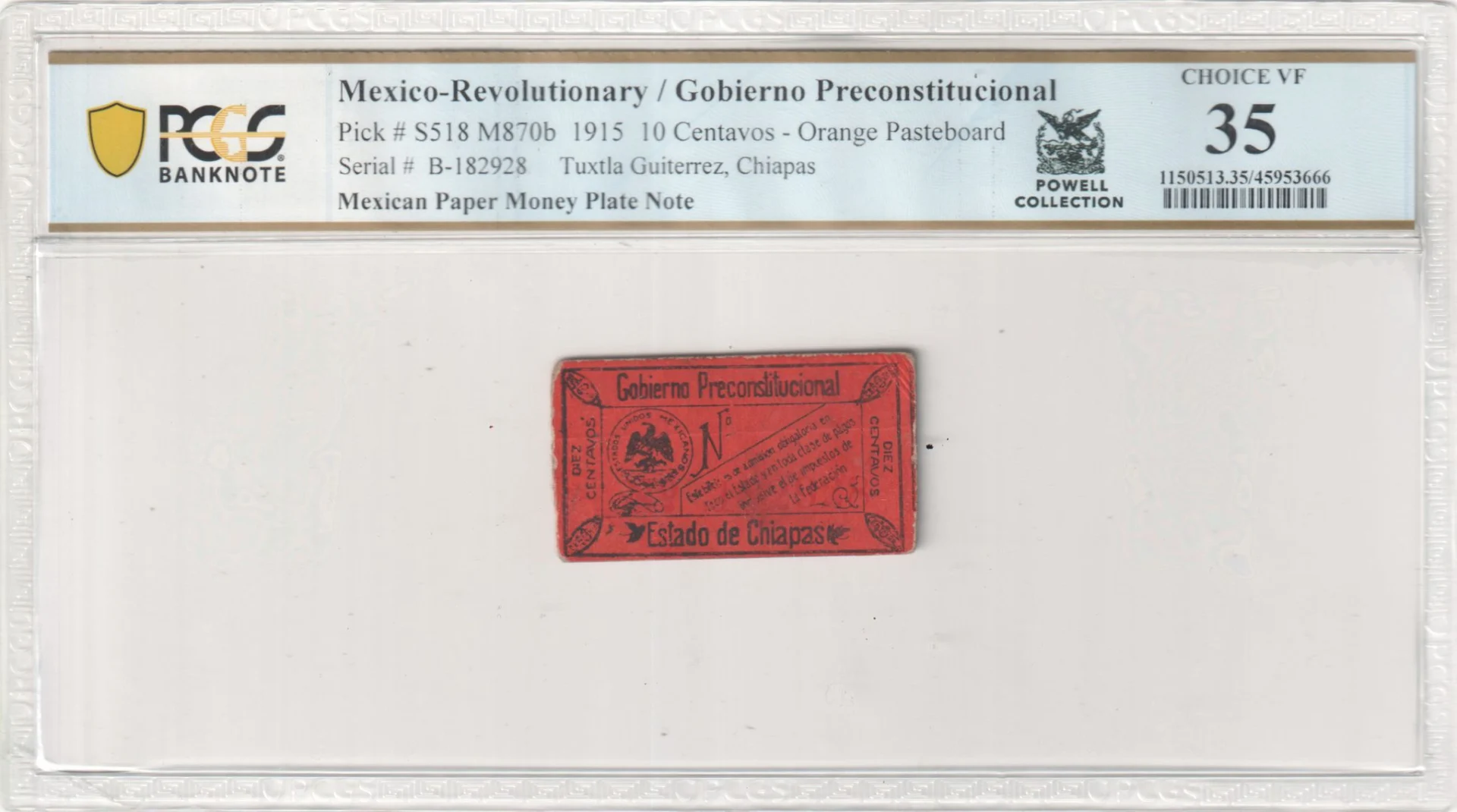 Mexican Currency Revolutionary Currency Revolutionary Currency 10 Centavos 1915 Chiapas M870b P S518 PCGS Ch VF35 f_35704 Revolutionary Currency 10 Centavos 1915 Chiapas M870b P S518 PCGS Ch VF35 f_35704