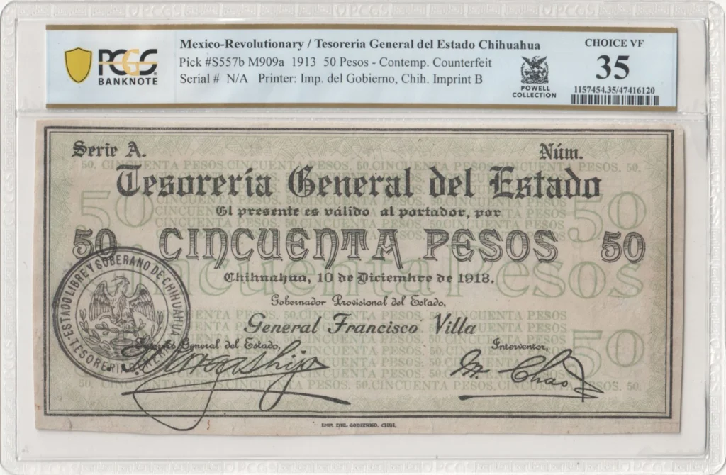 Revolutionary Currency 50 Pesos 1913 Chihuahua M909a P S557b PCGS Ch VF35 f_35705