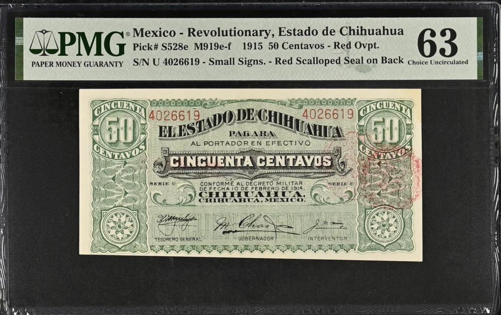 Mexican Currency Revolutionary Currency Revolutionary Currency 50 Centavos 1915 Chihuahua M919e-f P S528e PMG Ch UNC63 f_35706 Revolutionary Currency 50 Centavos 1915 Chihuahua M919e-f P S528e PMG Ch UNC63 f_35706