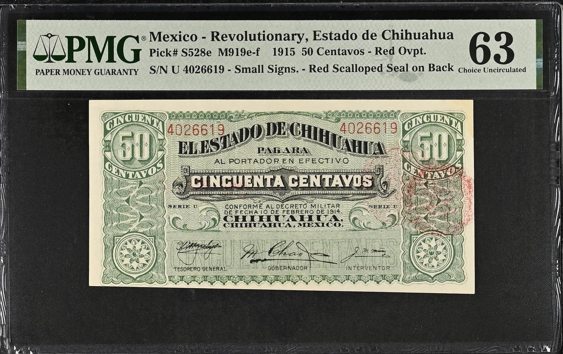 Mexican Currency Revolutionary Currency Revolutionary Currency 50 Centavos 1915 Chihuahua M919e-f P S528e PMG Ch UNC63 f_35706 Revolutionary Currency 50 Centavos 1915 Chihuahua M919e-f P S528e PMG Ch UNC63 f_35706