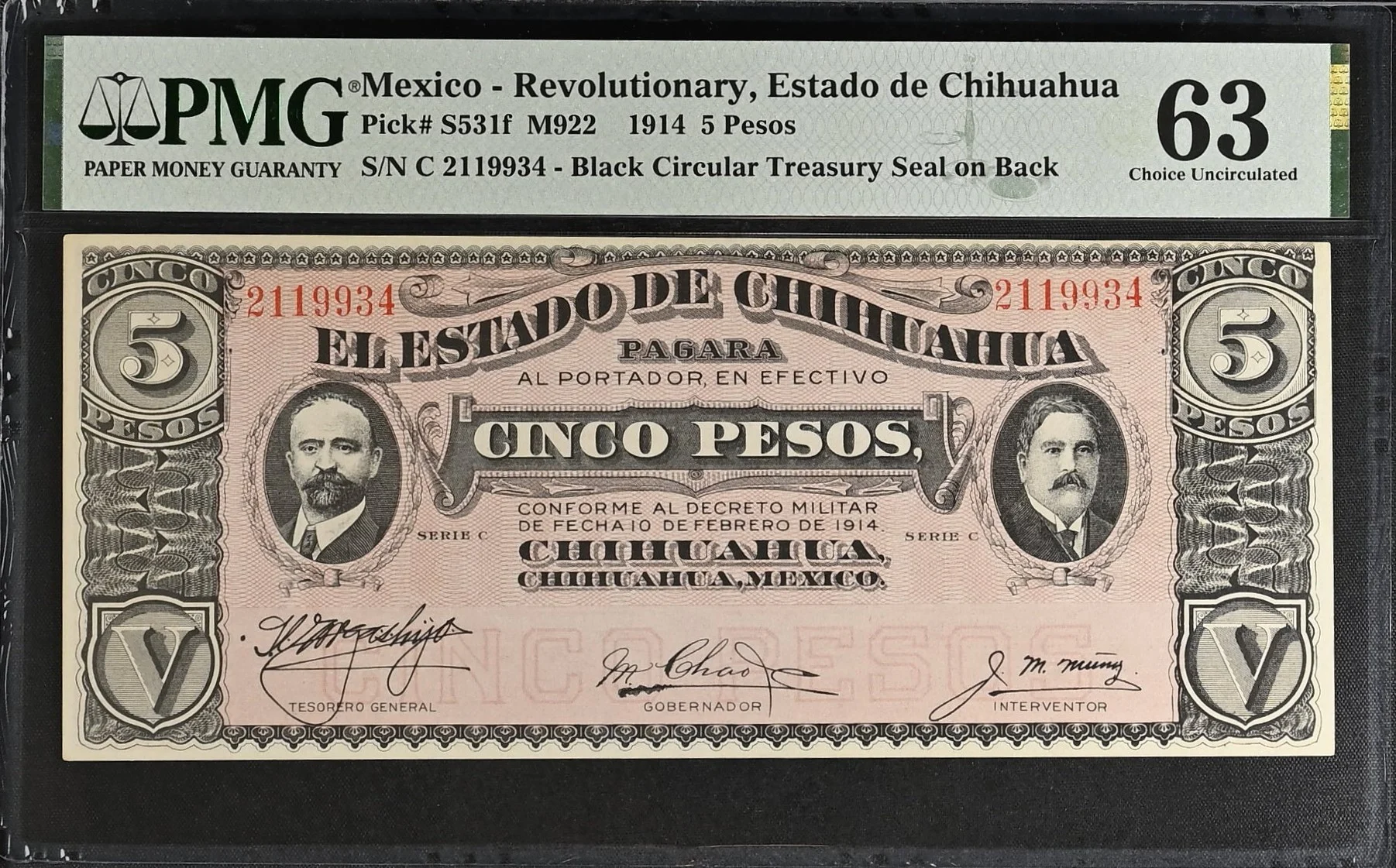 Mexican Currency Revolutionary Currency Revolutionary Currency 5 Pesos 1914 Chihuahua M922 P S531f PMG Ch UNC63 f_35707 Revolutionary Currency 5 Pesos 1914 Chihuahua M922 P S531f PMG Ch UNC63 f_35707