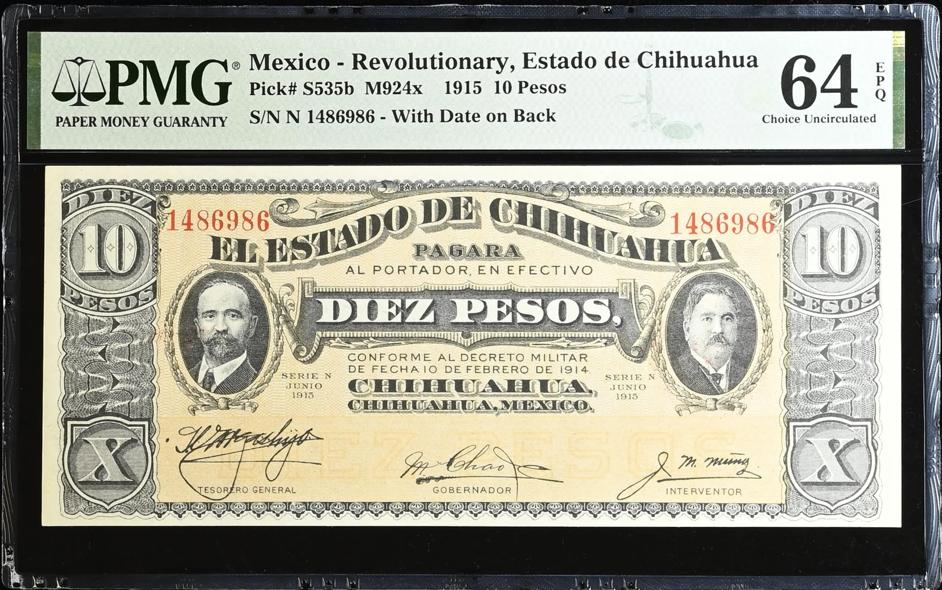 Mexican Currency Revolutionary Currency Revolutionary Currency 10 Pesos 1915 Chihuahua M924x P S535b PMG Ch UNC64 EPQ f_35708 Revolutionary Currency 10 Pesos 1915 Chihuahua M924x P S535b PMG Ch UNC64 EPQ f_35708