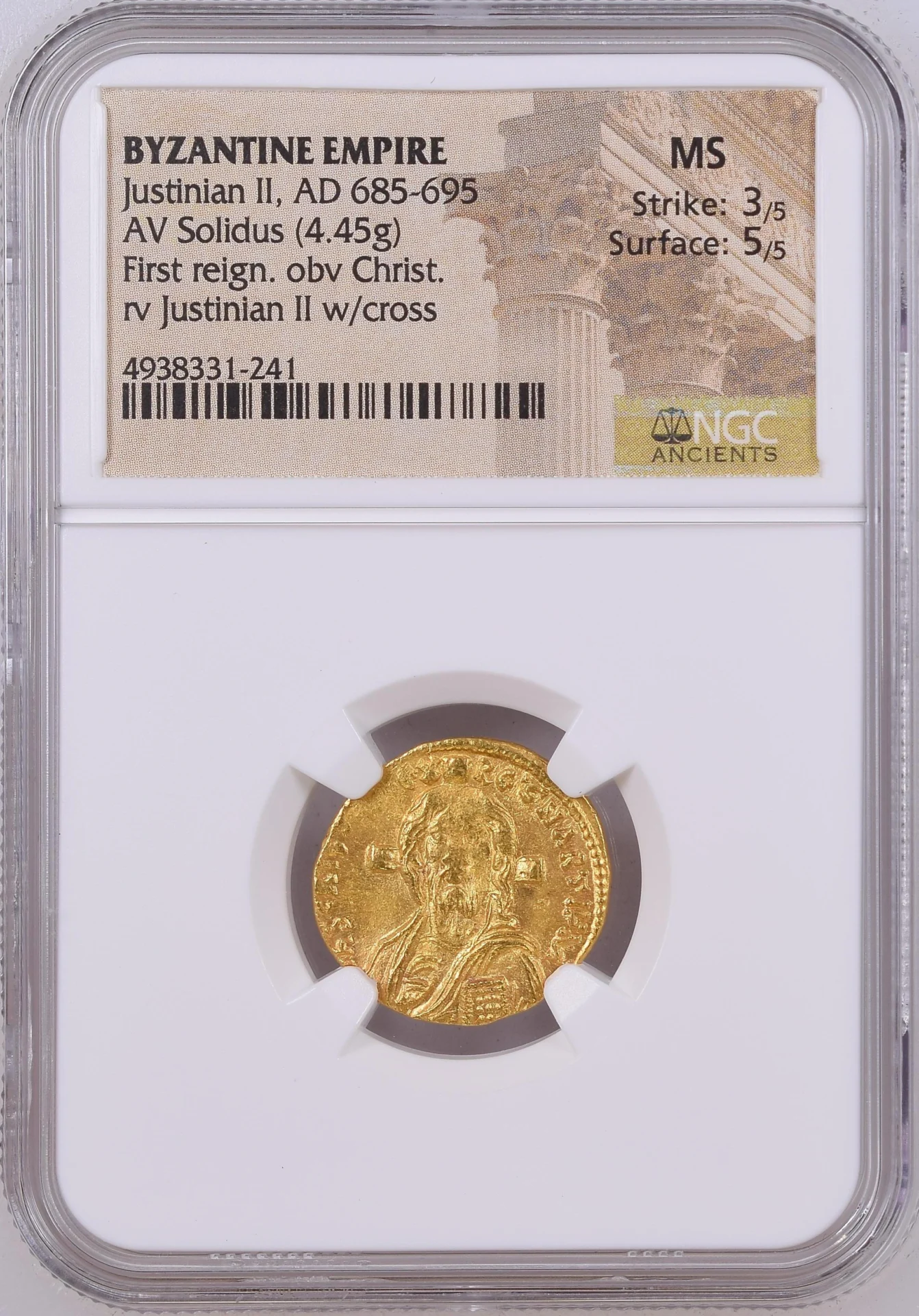 Ancient Coins Byzantine Byzantine Justinian II 685-695 AD AV Solidus NGC MS 0162971 Byzantine Justinian II 685-695 AD AV Solidus NGC MS 0162971