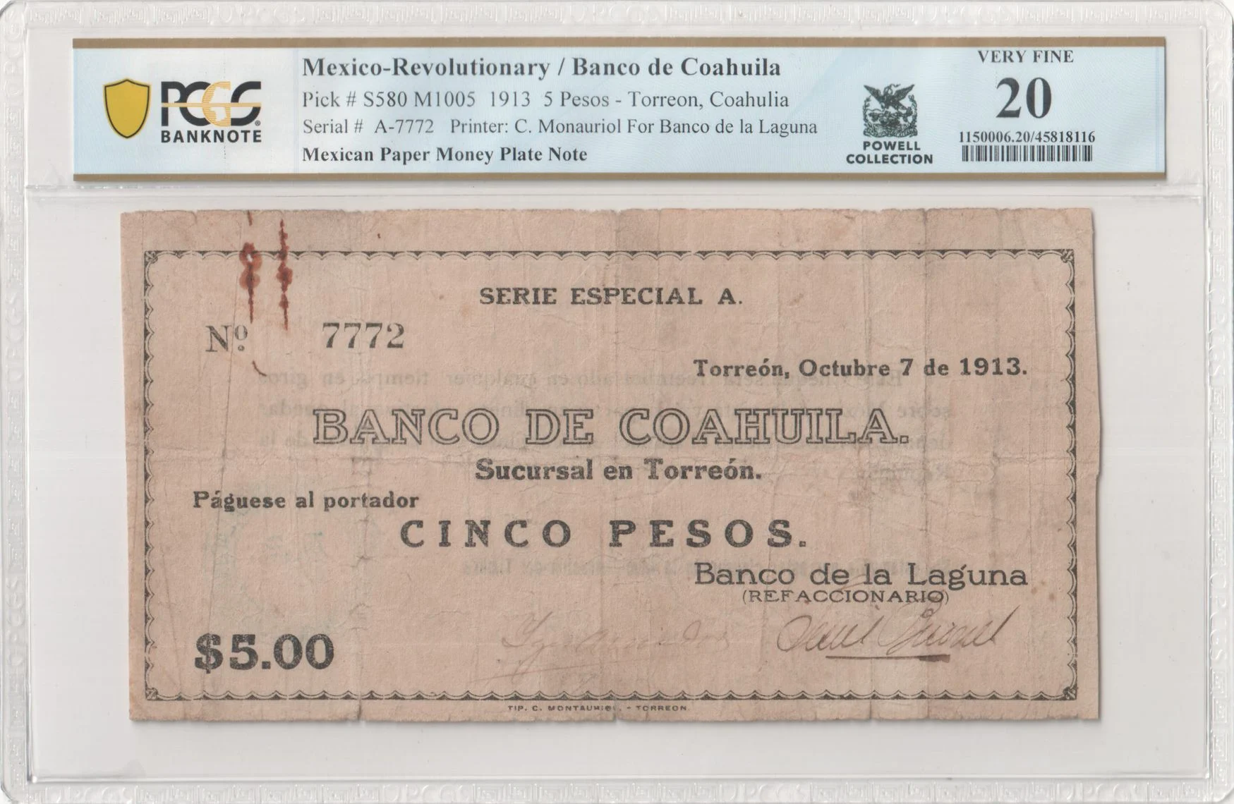 Mexican Currency Revolutionary Currency Revolutionary Currency 5 Pesos 1913 Coahuila M1005 P S580 PCGS VF20 f_35710 Revolutionary Currency 5 Pesos 1913 Coahuila M1005 P S580 PCGS VF20 f_35710