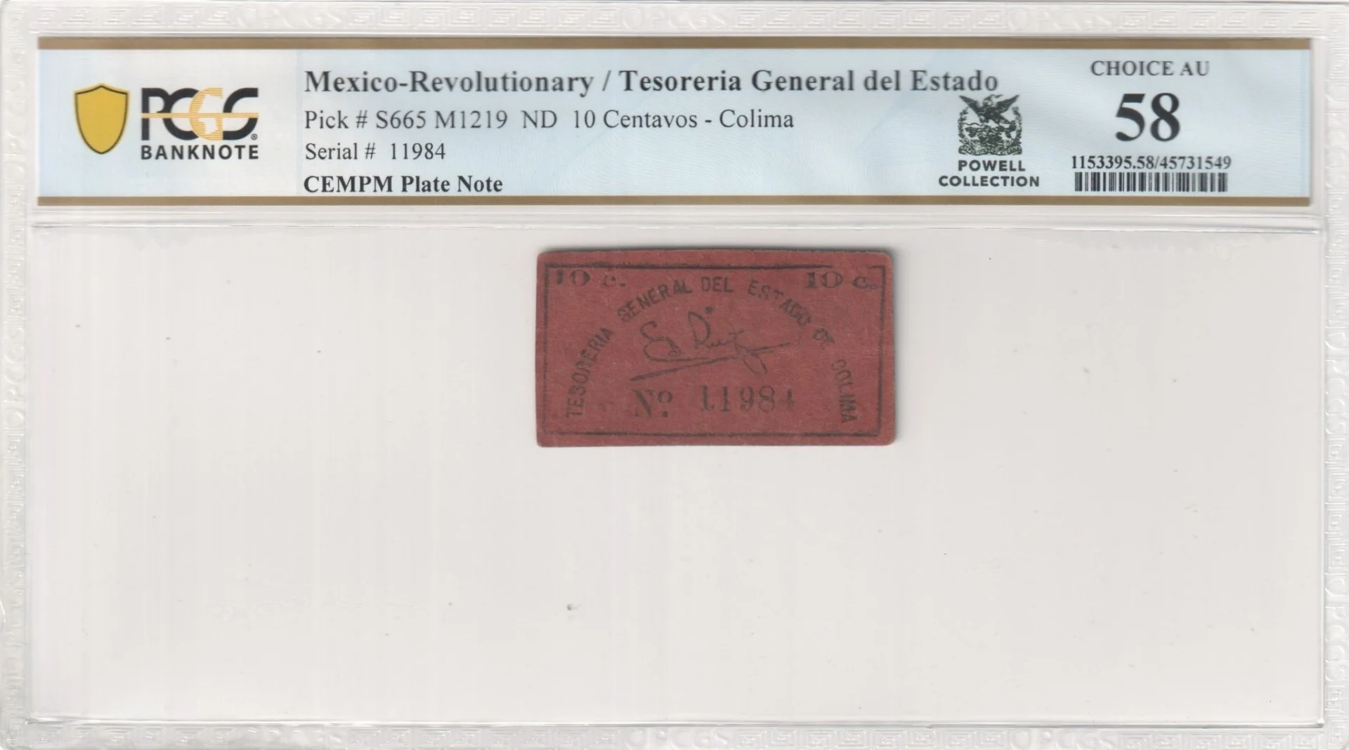 Mexican Currency Revolutionary Currency Revolutionary Currency 10 Centavos Colima M1219 P S665 PCGS Ch AU58 f_35711 Revolutionary Currency 10 Centavos Colima M1219 P S665 PCGS Ch AU58 f_35711