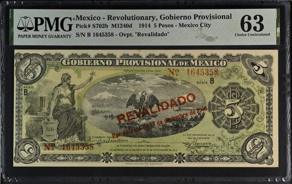 Mexican Currency Revolutionary Currency Revolutionary Currency 5 Pesos 1914 Distrito Federal M1240d P S702b PMG Ch UNC63 f_35712 Revolutionary Currency 5 Pesos 1914 Distrito Federal M1240d P S702b PMG Ch UNC63 f_35712