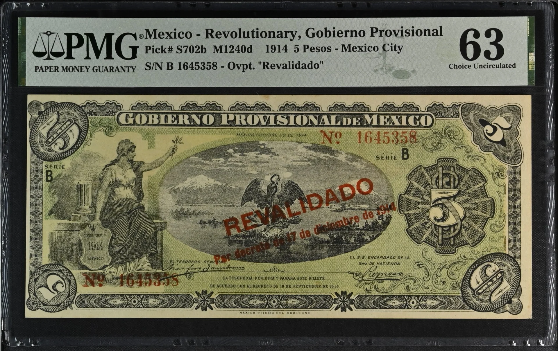 Mexican Currency Revolutionary Currency Revolutionary Currency 5 Pesos 1914 Distrito Federal M1240d P S702b PMG Ch UNC63 f_35712 Revolutionary Currency 5 Pesos 1914 Distrito Federal M1240d P S702b PMG Ch UNC63 f_35712
